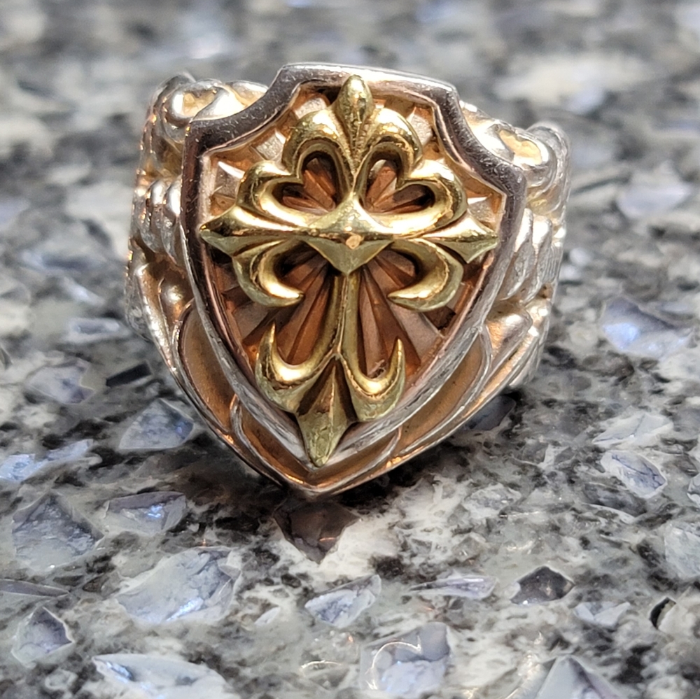 Heavy Sterling Silver Shield with Solid Brass Cross Ring, 38.1 g